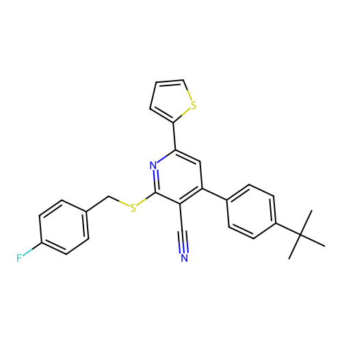 4-(4-(tert-butyl)phenyl)-2-((4-fluorobenzyl)thio)-6-(thiophen-2-yl)nicotinonitrile structure