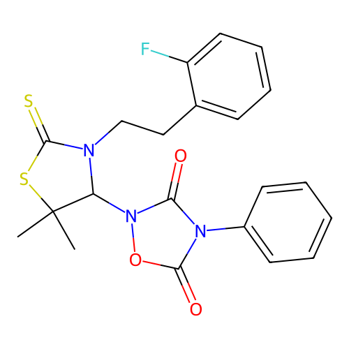 2-(3-(2-fluorophenethyl)-5,5-dimethyl-2-thioxothiazolidin-4-yl)-4-phenyl-1,2,4-oxadiazolidine-3,5-dione structure