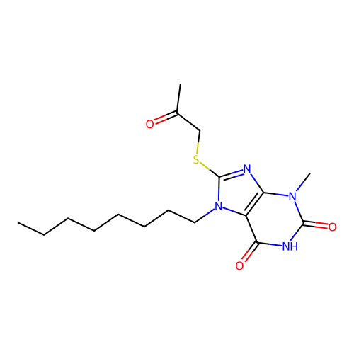 3-Methyl-7-octyl-8-(2-oxopropylthio)-1,3,7-trihydropurine-2,6-dione structure