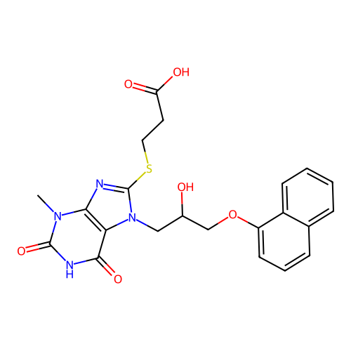 3-((7-(2-hydroxy-3-(naphthalen-1-yloxy)propyl)-3-methyl-2,6-dioxo-2,3,6,7-tetrahydro-1H-purin-8-yl)thio)propanoic acid structure