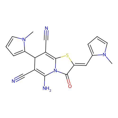 (2Z)-5-amino-7-(1-methyl-1H-pyrrol-2-yl)-2-[(1-methyl-1H-pyrrol-2-yl)methylidene]-3-oxo-2,3-dihydro-7H-[1,3]thiazolo[3,2-a]pyridine-6,8-dicarbonitrile structure