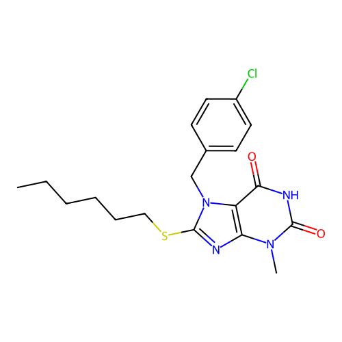 7-[(4-Chlorophenyl)methyl]-8-hexylthio-3-methyl-1,3,7-trihydropurine-2,6-dione structure