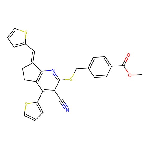 methyl 4-({[(7E)-3-cyano-4-(thiophen-2-yl)-7-(thiophen-2-ylmethylidene)-6,7-dihydro-5H-cyclopenta[b]pyridin-2-yl]sulfanyl}methyl)benzoate structure