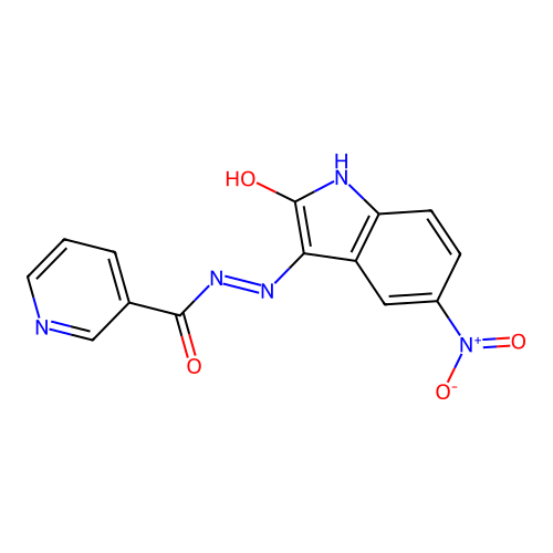 N'-[(3Z)-5-nitro-2-oxo-1,2-dihydro-3H-indol-3-ylidene]pyridine-3-carbohydrazide structure