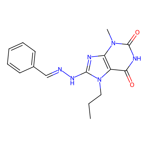 8-(N'-Benzylidene-hydrazino)-3-methyl-7-propyl-3,7-dihydro-purine-2,6-dione structure