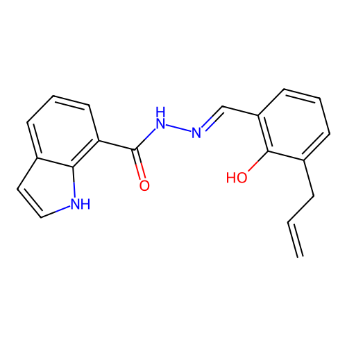 N-[(2-hydroxy-3-prop-2-enylphenyl)methylideneamino]-1H-indole-7-carboxamide structure