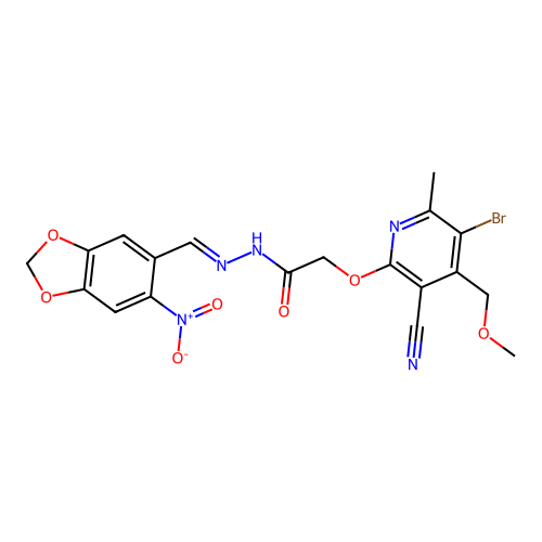 2-[5-bromo-3-cyano-4-(methoxymethyl)-6-methylpyridin-2-yl]oxy-N-[(E)-(6-nitro-1,3-benzodioxol-5-yl)methylideneamino]acetamide structure