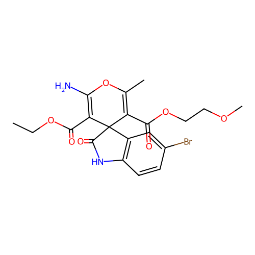 3'-ethyl 5'-(2-methoxyethyl) 2'-amino-5-bromo-6'-methyl-2-oxo-1,2-dihydrospiro[indole-3,4'-pyran]-3',5'-dicarboxylate structure