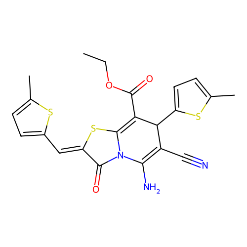 (Z)-ethyl 5-amino-6-cyano-7-(5-methylthiophen-2-yl)-2-((5-methylthiophen-2-yl)methylene)-3-oxo-3,7-dihydro-2H-thiazolo[3,2-a]pyridine-8-carboxylate structure