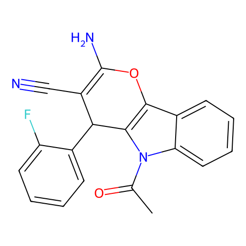 5-acetyl-2-amino-4-(2-fluorophenyl)-4H-pyrano[3,2-b]indole-3-carbonitrile structure