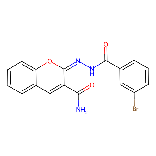 (2E)-2-{[(3-bromophenyl)formamido]imino}-2H-chromene-3-carboxamide structure