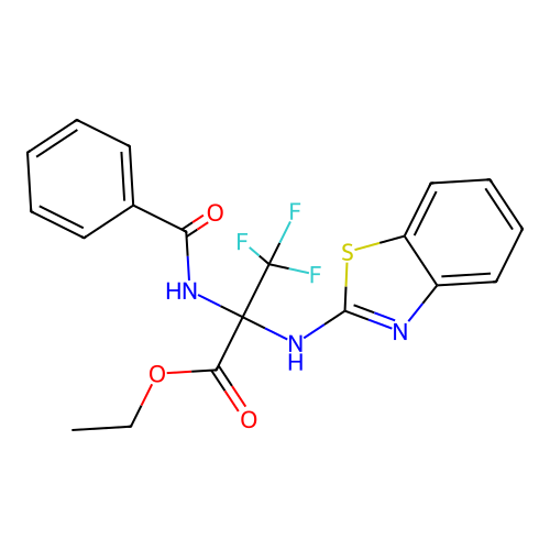 Ethyl 2-benzamido-2-(benzo[d]thiazol-2-ylamino)-3,3,3-trifluoropropanoate structure