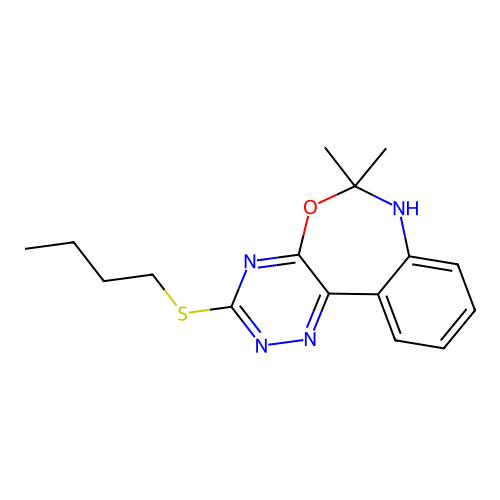 3-butylsulfanyl-6,6-dimethyl-7H-[1,2,4]triazino[5,6-d][3,1]benzoxazepine structure