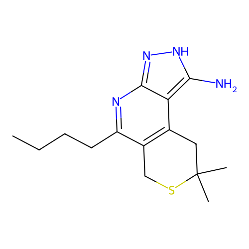 5-butyl-8,8-dimethyl-3,6,8,9-tetrahydropyrazolo[3,4-b]thiopyrano[4,3-d]pyridin-1-amine structure