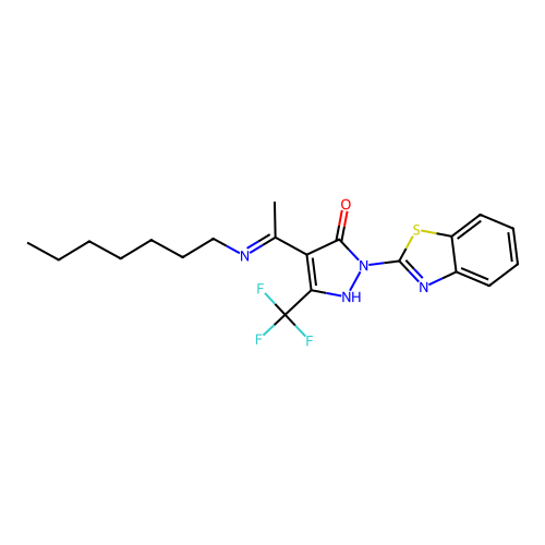 (4E)-2-(1,3-benzothiazol-2-yl)-4-[1-(heptylamino)ethylidene]-5-(trifluoromethyl)-2,4-dihydro-3H-pyrazol-3-one structure