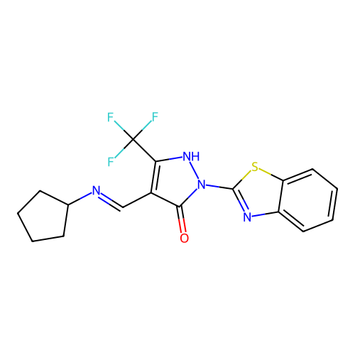 2-benzothiazol-2-yl-4-[(cyclopentylamino)methylidene]-5-(trifluoromethyl)pyrazol-3-one structure