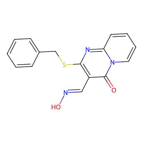2-benzylsulfanyl-3-[(E)-hydroxyiminomethyl]pyrido[1,2-a]pyrimidin-4-one structure
