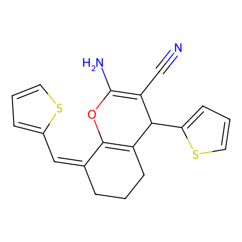 (8Z)-2-amino-4-thiophen-2-yl-8-(thiophen-2-ylmethylidene)-4,5,6,7-tetrahydrochromene-3-carbonitrile structure