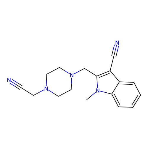 Indole-3-carbonitrile, 2-(4-cyanomethyl-1-piperazinylmethyl)-1-methyl- structure