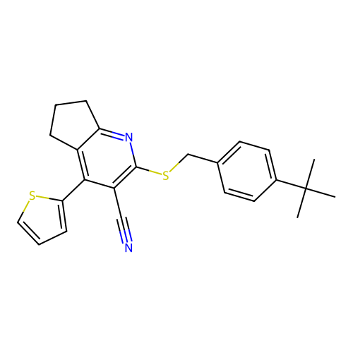 2-((4-(tert-butyl)benzyl)thio)-4-(thiophen-2-yl)-6,7-dihydro-5H-cyclopenta[b]pyridine-3-carbonitrile structure