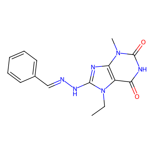 (E)-8-(2-benzylidenehydrazinyl)-7-ethyl-3-methyl-1H-purine-2,6(3H,7H)-dione structure