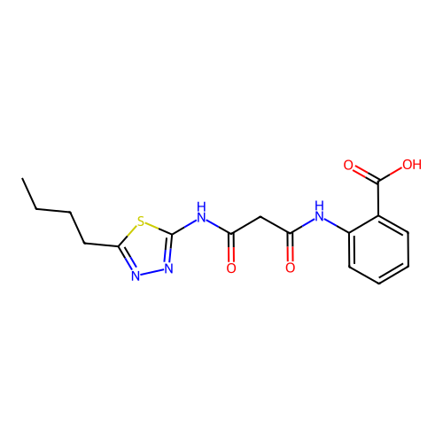 2-[2-(5-Butyl-[1,3,4]thiadiazol-2-ylcarbamoyl)-acetylamino]-benzoic acid structure