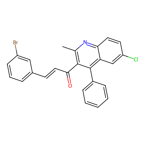 (E)-3-(3-bromophenyl)-1-(6-chloro-2-methyl-4-phenylquinolin-3-yl)prop-2-en-1-one structure