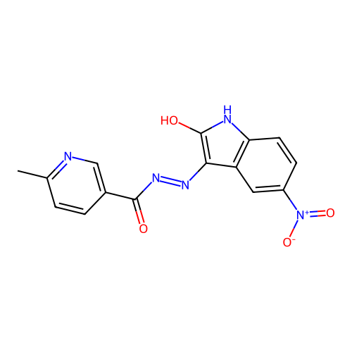 6-methyl-N'-(5-nitro-2-oxoindol-3-yl)pyridine-3-carbohydrazide structure
