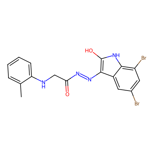 (E)-N'-(5,7-dibromo-2-oxoindolin-3-ylidene)-2-(o-tolylamino)acetohydrazide structure