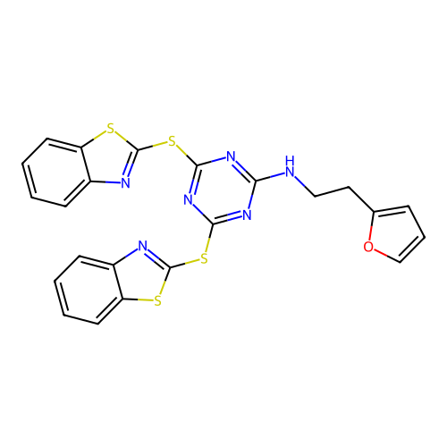 4,6-bis(1,3-benzothiazol-2-ylsulfanyl)-N-[2-(furan-2-yl)ethyl]-1,3,5-triazin-2-amine structure