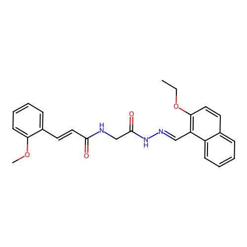 (2E)-N-(2-{(2E)-2-[(2-ethoxynaphthalen-1-yl)methylidene]hydrazinyl}-2-oxoethyl)-3-(2-methoxyphenyl)prop-2-enamide (non-preferred name) structure