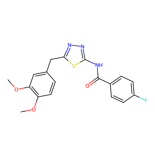 N-[5-(3,4-dimethoxybenzyl)-1,3,4-thiadiazol-2-yl]-4-fluorobenzamide structure