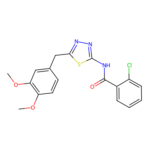 2-chloro-N-[5-(3,4-dimethoxybenzyl)-1,3,4-thiadiazol-2-yl]benzamide structure