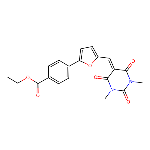 ethyl 4-{5-[(1,3-dimethyl-2,4,6-trioxotetrahydropyrimidin-5(2H)-ylidene)methyl]furan-2-yl}benzoate structure