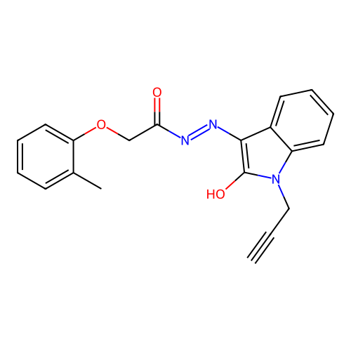 2-(2-methylphenoxy)-N'-[(3Z)-2-oxo-1-(prop-2-yn-1-yl)-1,2-dihydro-3H-indol-3-ylidene]acetohydrazide structure