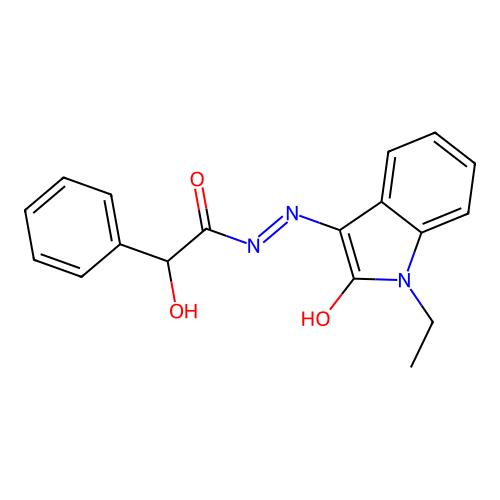 N-[(Z)-(1-ethyl-2-oxoindol-3-ylidene)amino]-2-hydroxy-2-phenylacetamide structure
