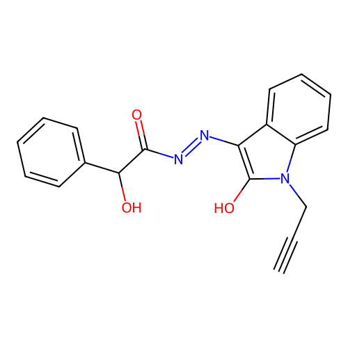 2-hydroxy-N-[(2-oxo-1-prop-2-ynylindol-3-ylidene)amino]-2-phenylacetamide structure