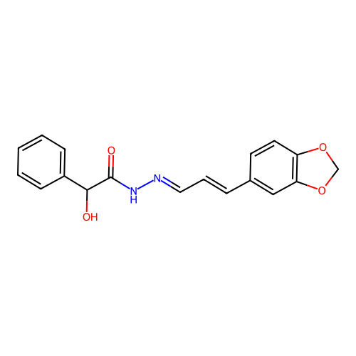 N'-[(1E,2E)-3-(1,3-benzodioxol-5-yl)prop-2-en-1-ylidene]-2-hydroxy-2-phenylacetohydrazide structure