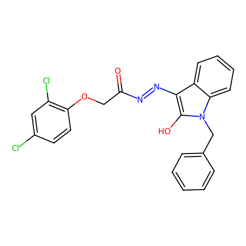 N-[(1-benzyl-2-oxoindol-3-ylidene)amino]-2-(2,4-dichlorophenoxy)acetamide structure