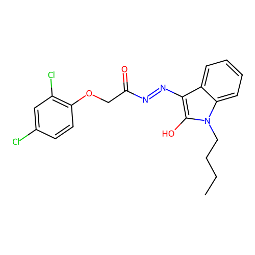 N'-[(3Z)-1-butyl-2-oxo-1,2-dihydro-3H-indol-3-ylidene]-2-(2,4-dichlorophenoxy)acetohydrazide structure
