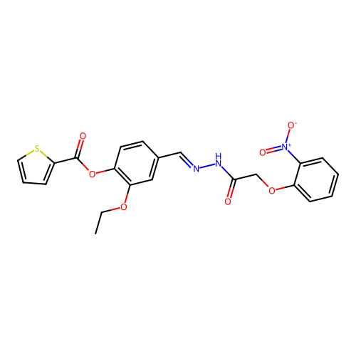 (E)-2-ethoxy-4-((2-(2-(2-nitrophenoxy)acetyl)hydrazono)methyl)phenyl thiophene-2-carboxylate structure