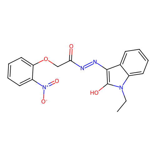 N'-[(3Z)-1-ethyl-2-oxo-1,2-dihydro-3H-indol-3-ylidene]-2-(2-nitrophenoxy)acetohydrazide structure
