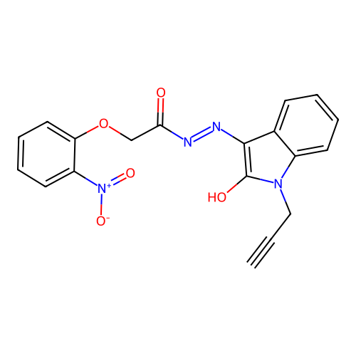 2-(2-nitrophenoxy)-N'-[(3Z)-2-oxo-1-(prop-2-yn-1-yl)-1,2-dihydro-3H-indol-3-ylidene]acetohydrazide structure
