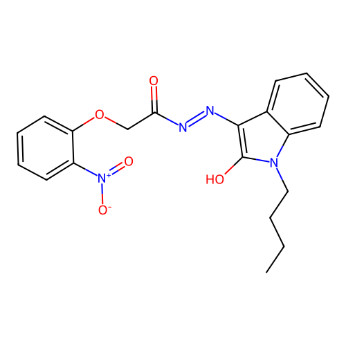 N'-[(3Z)-1-butyl-2-oxo-1,2-dihydro-3H-indol-3-ylidene]-2-(2-nitrophenoxy)acetohydrazide structure