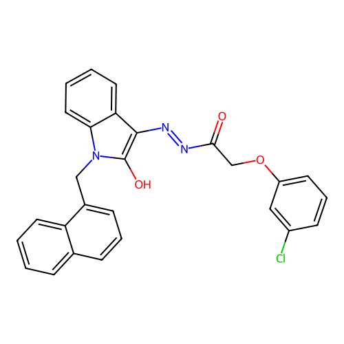 2-(3-chlorophenoxy)-N'-[(3Z)-1-(naphthalen-1-ylmethyl)-2-oxo-1,2-dihydro-3H-indol-3-ylidene]acetohydrazide structure