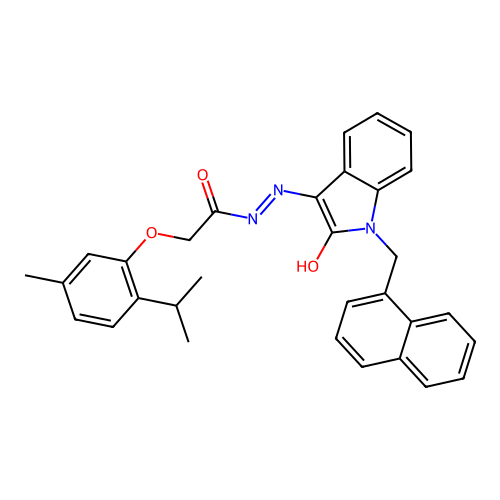 (Z)-2-(2-isopropyl-5-methylphenoxy)-N'-(1-(naphthalen-1-ylmethyl)-2-oxoindolin-3-ylidene)acetohydrazide structure