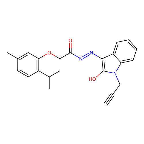 2-(5-methyl-2-propan-2-ylphenoxy)-N-[(2-oxo-1-prop-2-ynylindol-3-ylidene)amino]acetamide structure