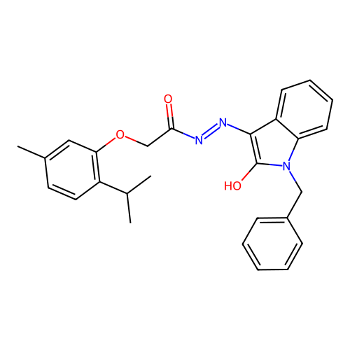 (Z)-N'-(1-benzyl-2-oxoindolin-3-ylidene)-2-(2-isopropyl-5-methylphenoxy)acetohydrazide structure