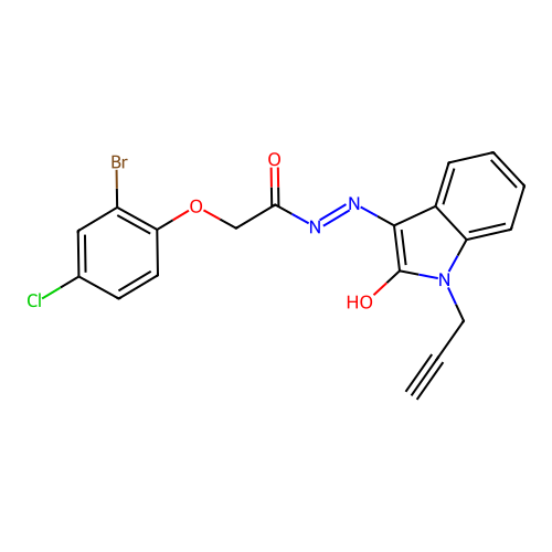 2-(2-bromo-4-chloro-phenoxy)-N-[(2-oxo-1-prop-2-ynyl-indol-3-ylidene)amino]acetamide structure