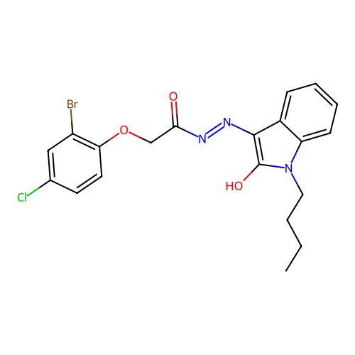 2-(2-bromo-4-chlorophenoxy)-N'-[(3E)-1-butyl-2-oxo-1,2-dihydro-3H-indol-3-ylidene]acetohydrazide structure